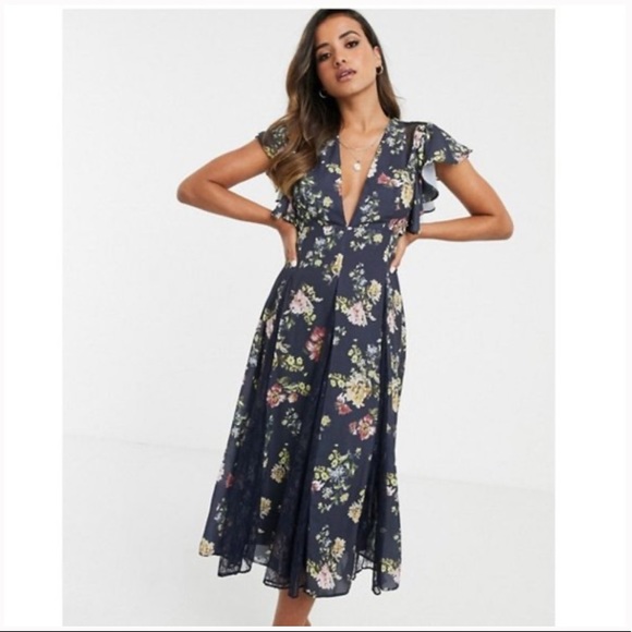 NWT ASOS Design Navy Floral Midi Dress, Size 6 - Picture 1 of 7